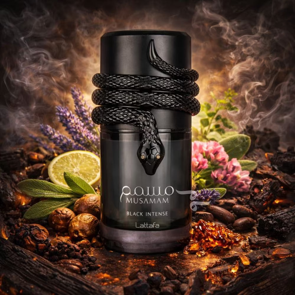 Luxus Aroma Lattafa Musamam Black Intense Eau de Parfum 100ml Flasche mit schwarzem Design und eleganter Verpackung