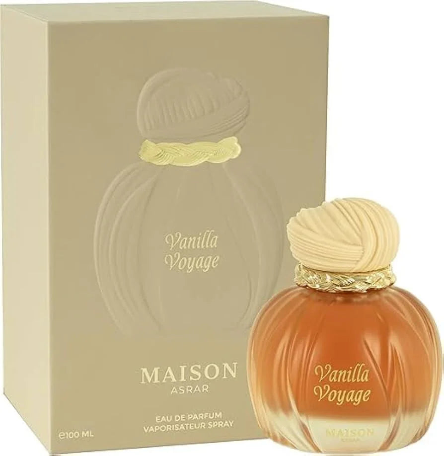 Luxus Aroma Maison Asrar Vanilla Voyage Eau de Parfum 100ml Flasche mit Vanille-Duft und eleganter Gestaltung