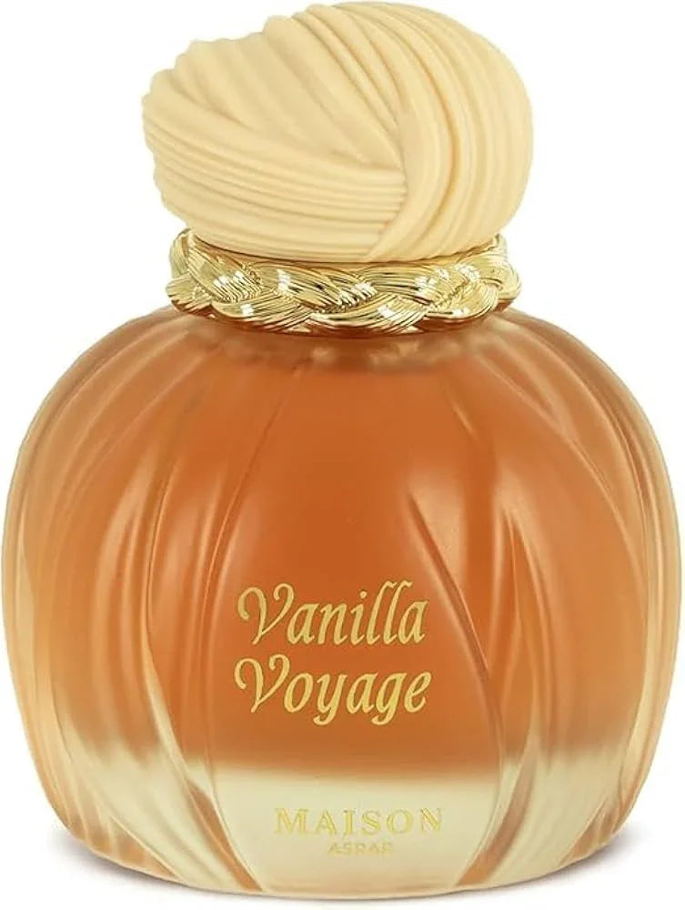 Luxus Aroma Maison Asrar Vanilla Voyage Eau de Parfum 100ml Flasche mit goldener Verpackung und Vanille-Duft.