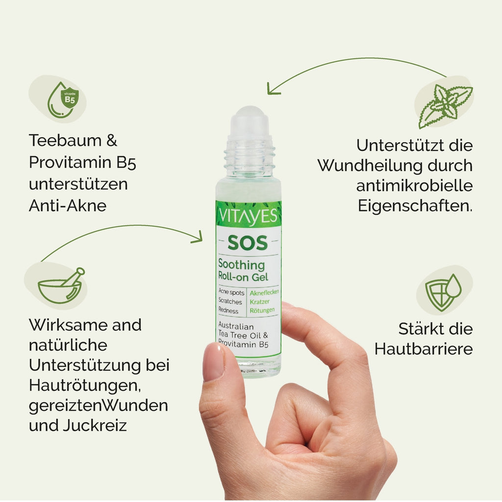 SOS Teebaumöl Roll-On von Vitayes, 10 ml, gegen Pickel, Rötungen und Hautreizungen, praktischer Roll-On für schnelle Anwendung