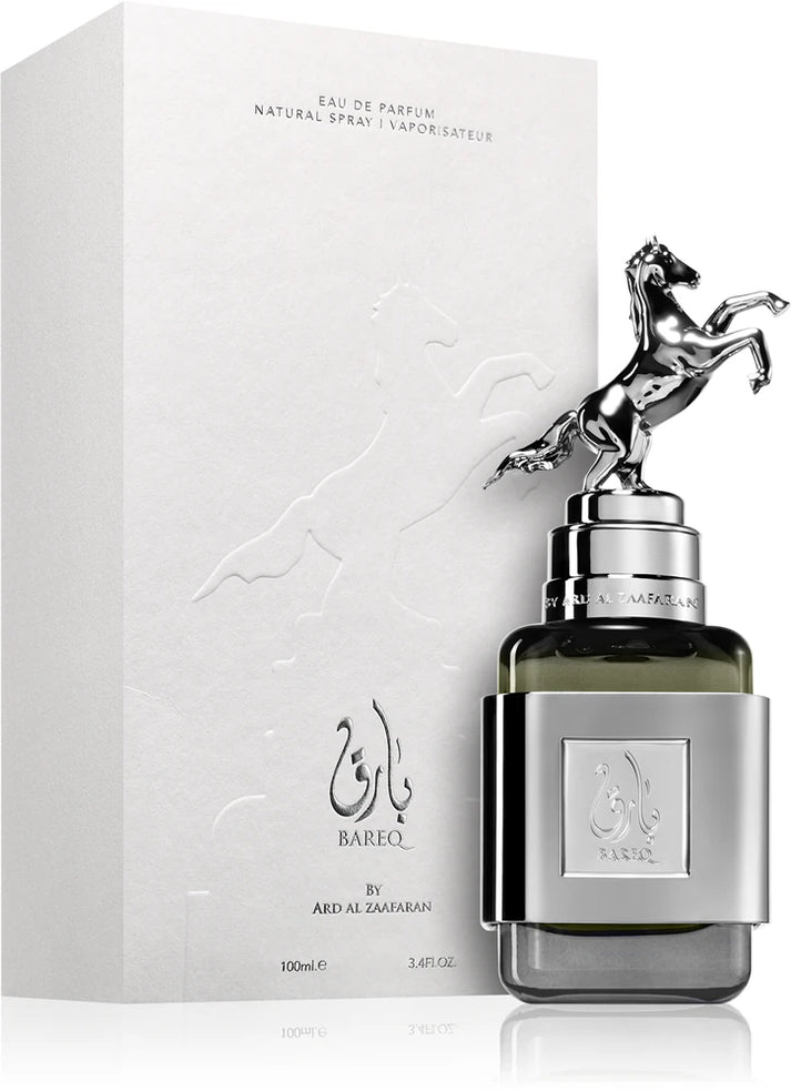 Ard Al Zaafaran Bareq Eau de Parfum 100 ml Flasche mit goldener Verpackung, elegantes Parfum-Design von Drop Fragra
