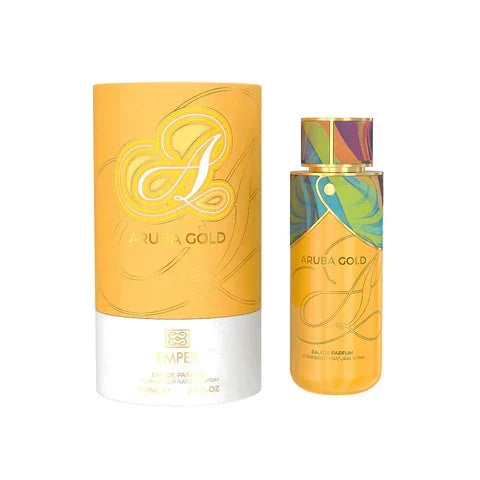 Luxus Aroma Emper Aruba Gold Eau de Parfum 100ml Flasche mit goldener Verpackung und eleganter Gestaltung.
