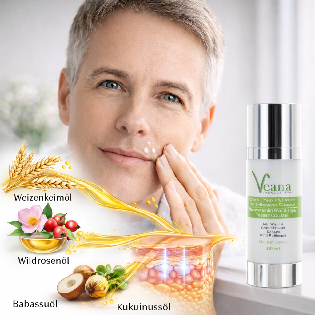 Veana Augen- und Lippenpflege Eye & Lip Tensor Cocktail in 30ml Flasche, sichtbare Anwendung auf Augen und Lippen