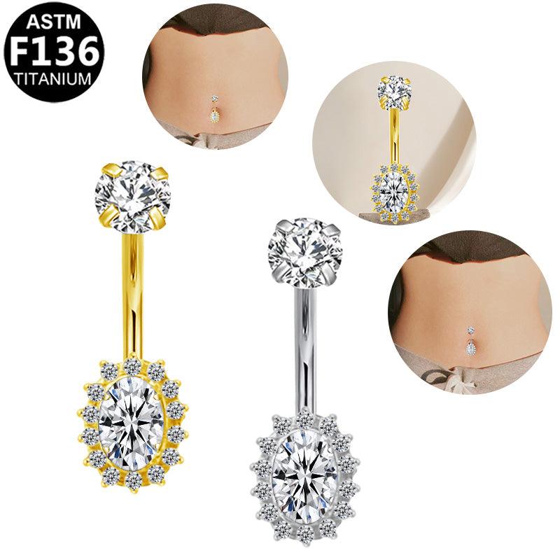 Bauchnabelpiercing aus Titan mit Halo Zirkonia, von ROYALSKIN, mit funkelndem Zirkonia-Design, auf weißem Hintergrund.