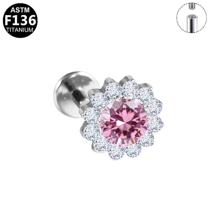 Titan Labret mit Zirkonia-Blume, rotes Piercing, hochwertiges Labret von ROYALSKIN, elegantes Schmuckstück für Piercings