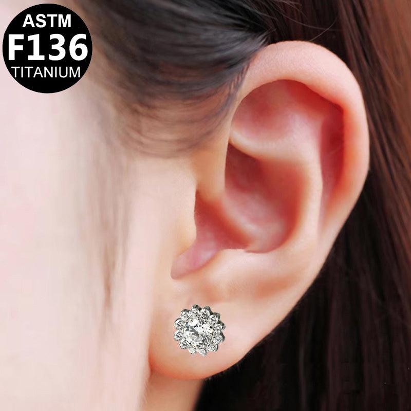 Titan Labret mit Zirkonia-Blume, ROYALSKIN Piercing, silberfarbenes Schmuckstück mit funkelndem Blumenmotiv