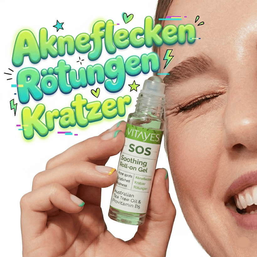SOS Teebaumöl von Vitayes gegen Pickel, Rötungen und Hautreizungen, Flasche mit Teebaumöl in dunkler Verpackung