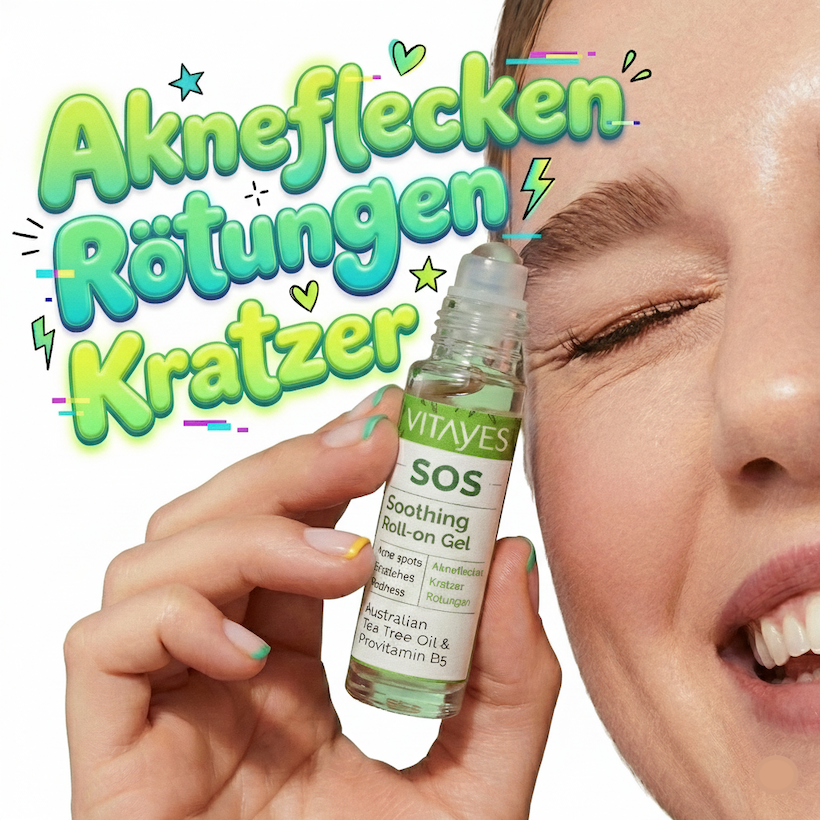 SOS Teebaumöl von Vitayes gegen Pickel, Rötungen und Hautreizungen, Flasche mit Teebaumöl in dunkler Verpackung