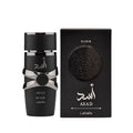 Drop Fragra Lattafa Asad Elixir Eau de Parfum 100ml Flasche mit elegante Verpackung und Parfüm-Duft in klarer Flasche.