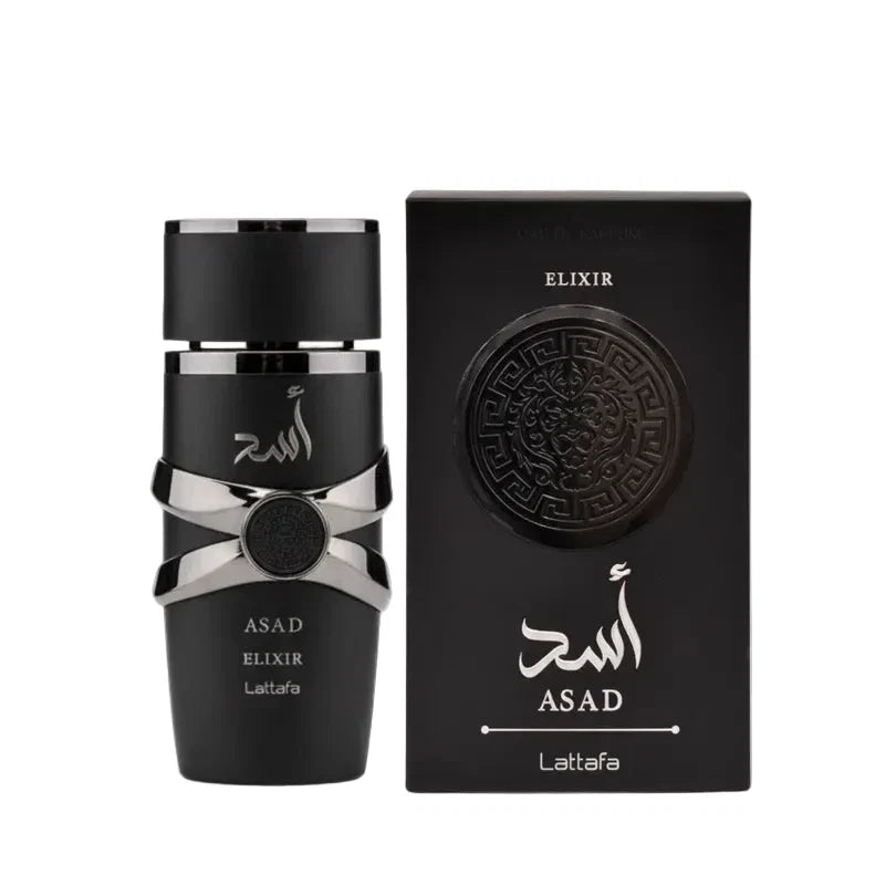 Drop Fragra Lattafa Asad Elixir Eau de Parfum 100ml Flasche mit elegante Verpackung und Parfüm-Duft in klarer Flasche.