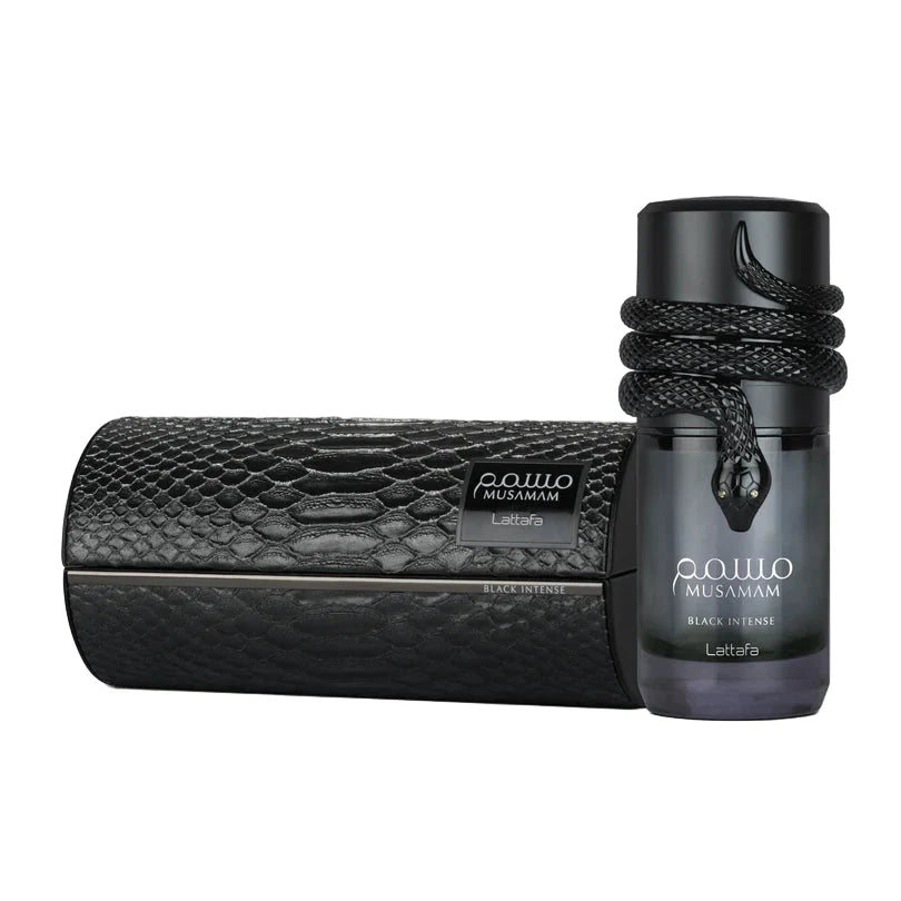 Lattafa Musamam Black Intense Eau de Parfum 100ml Flasche mit schwarzem Design, elegantes Parfum von Drop Fragra