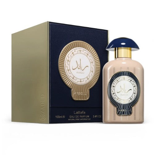 Drop Fragra Lattafa Raed Absolu Eau de Parfum 100 ml Flasche mit eleganter Verpackung und goldenen Akzenten.