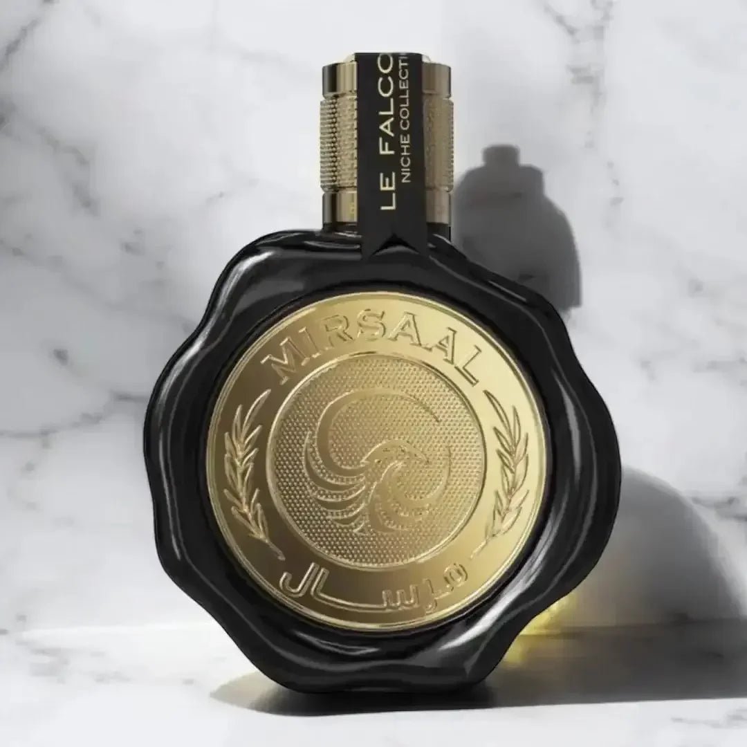 Luxus Aroma Le Falcone Mirsaal Valentine Eau de Parfum 100ml Flasche mit eleganter Verpackung, Duftbeschreibung im Hintergrund