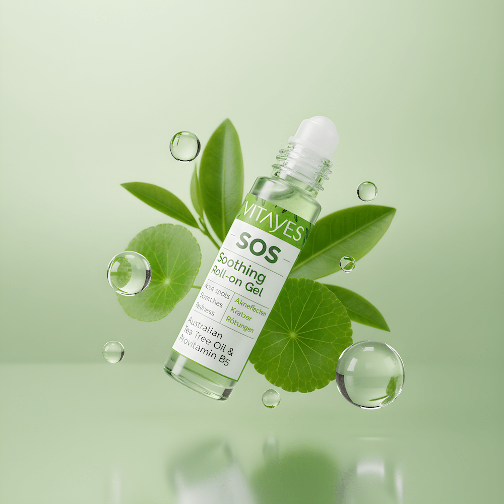 SOS Teebaumöl von Vitayes, natürliche Akut-Hilfe bei Pickeln, Rötungen und Hautreizungen, mit Teebaumblättern auf grünem Hintergrund