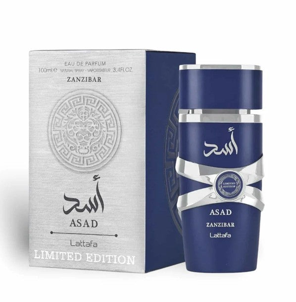 Drop Fragra Lattafa Asad Zanzibar Eau de Parfum 100 ml, limitierte Edition, elegante Flasche mit Duftbeschreibung sichtbar