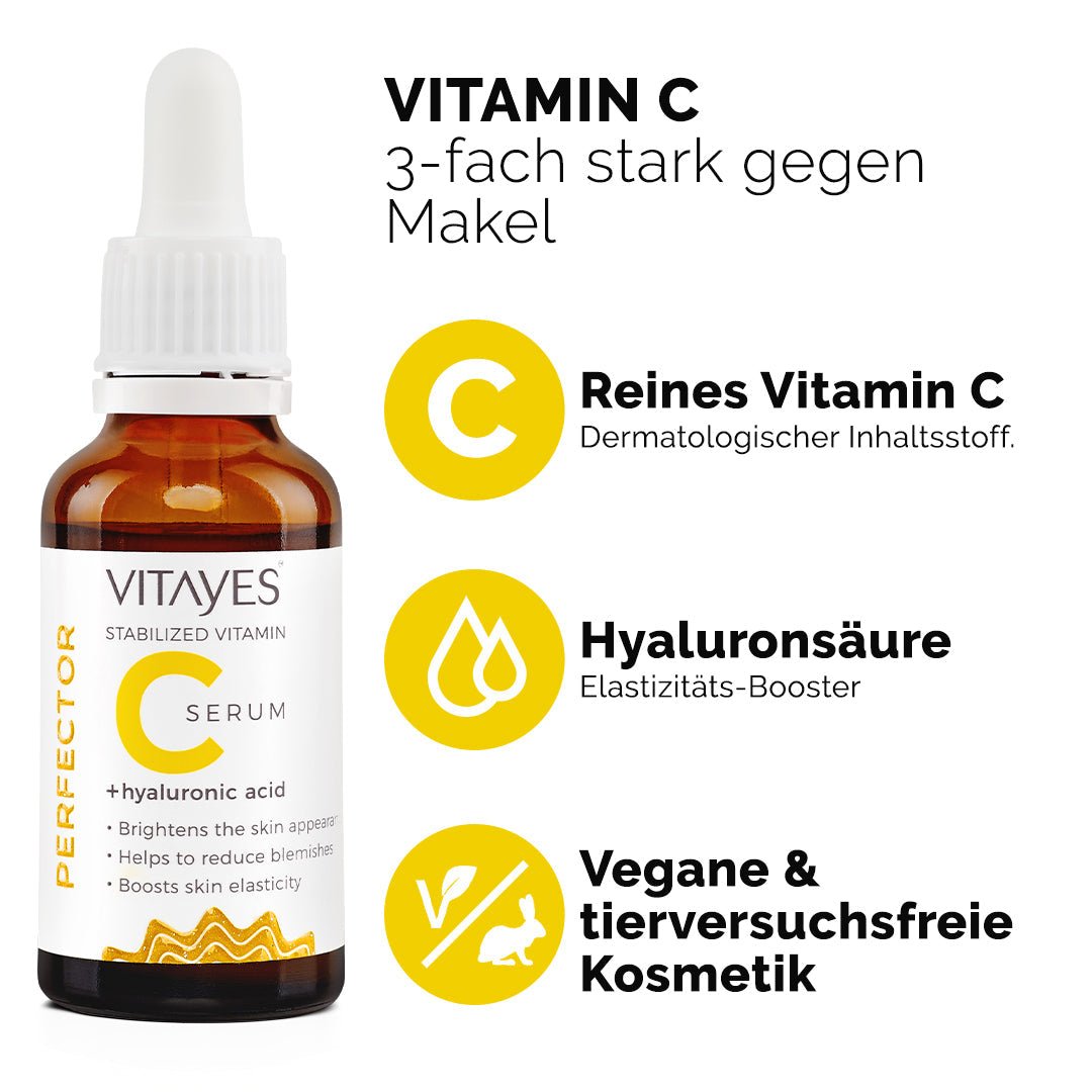 Vitamin C Serum von Vitayes Perfector mit Hyaluron, 30 ml, für strahlende Haut und Feuchtigkeitsversorgung.
