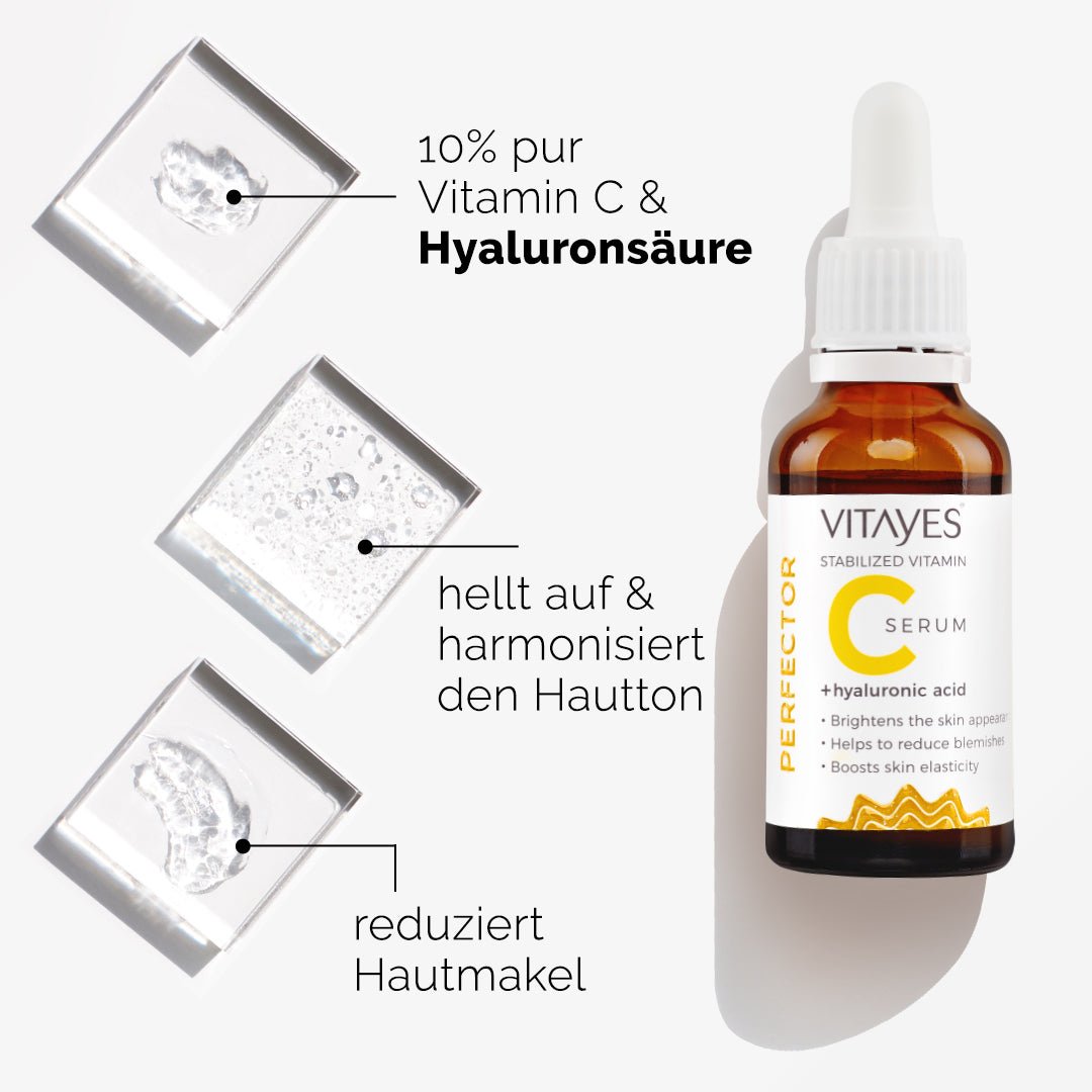 Vitamin C 10% Serum von Vitayes Perfector mit Hyaluron, 30 ml, für strahlende Haut und Feuchtigkeitsversorgung