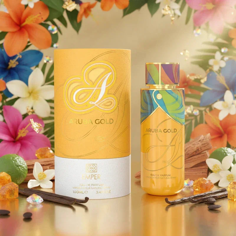 Luxus Aroma Emper Aruba Gold Eau de Parfum 100ml Flasche mit natürlichen Inhaltsstoffen, elegantes Design, goldene Verpackung