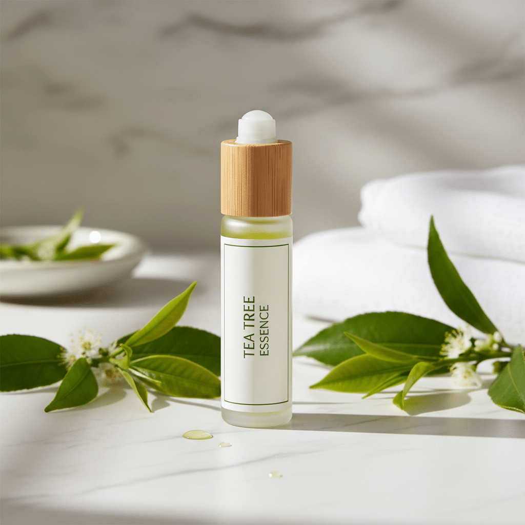 SOS Teebaumöl Roll-On mit Teebaum-Blättern auf Marmor