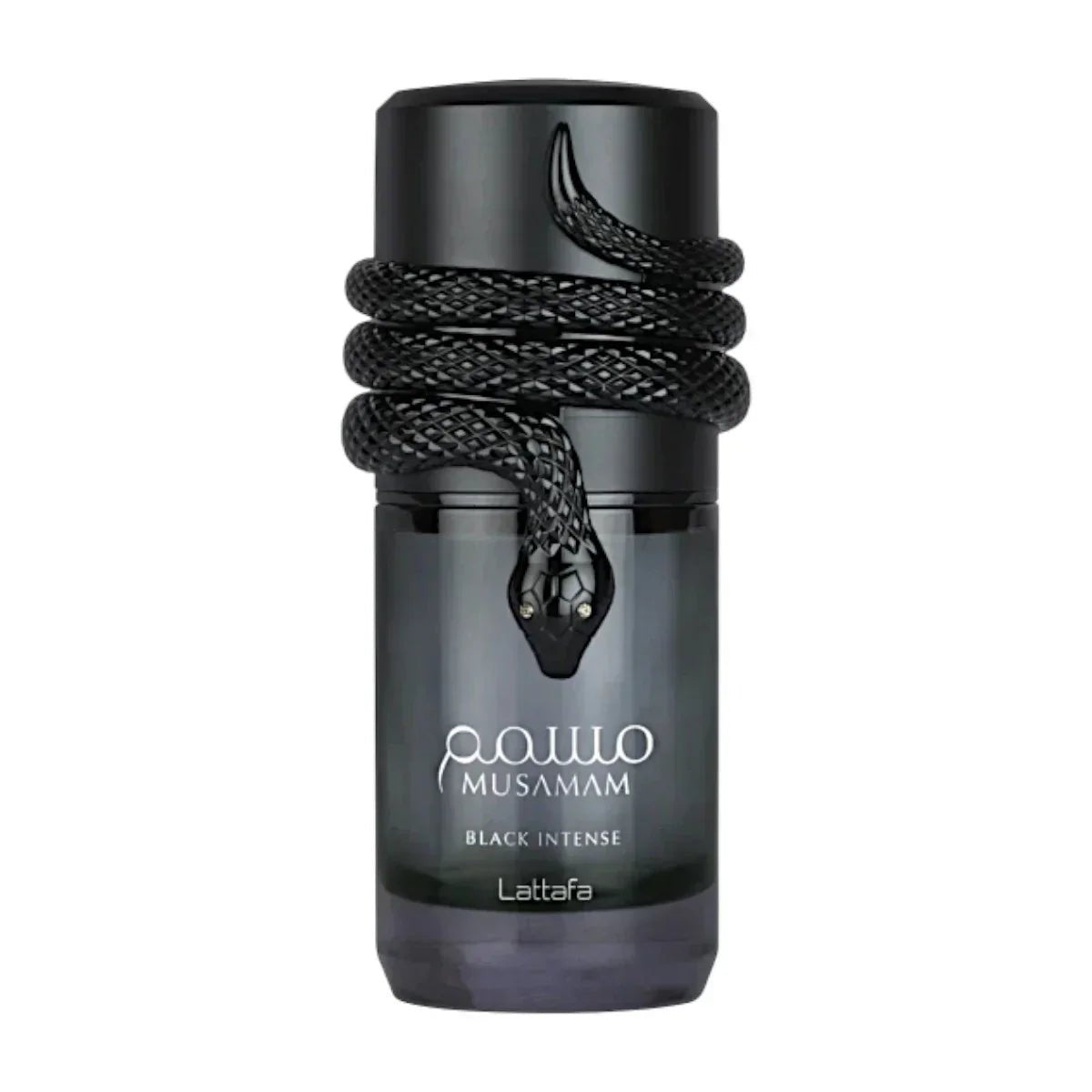 Lattafa Musamam Black Intense Eau de Parfum 100ml Flasche mit schwarzem Design, luxuriöse Parfümflasche von Luxus Aroma