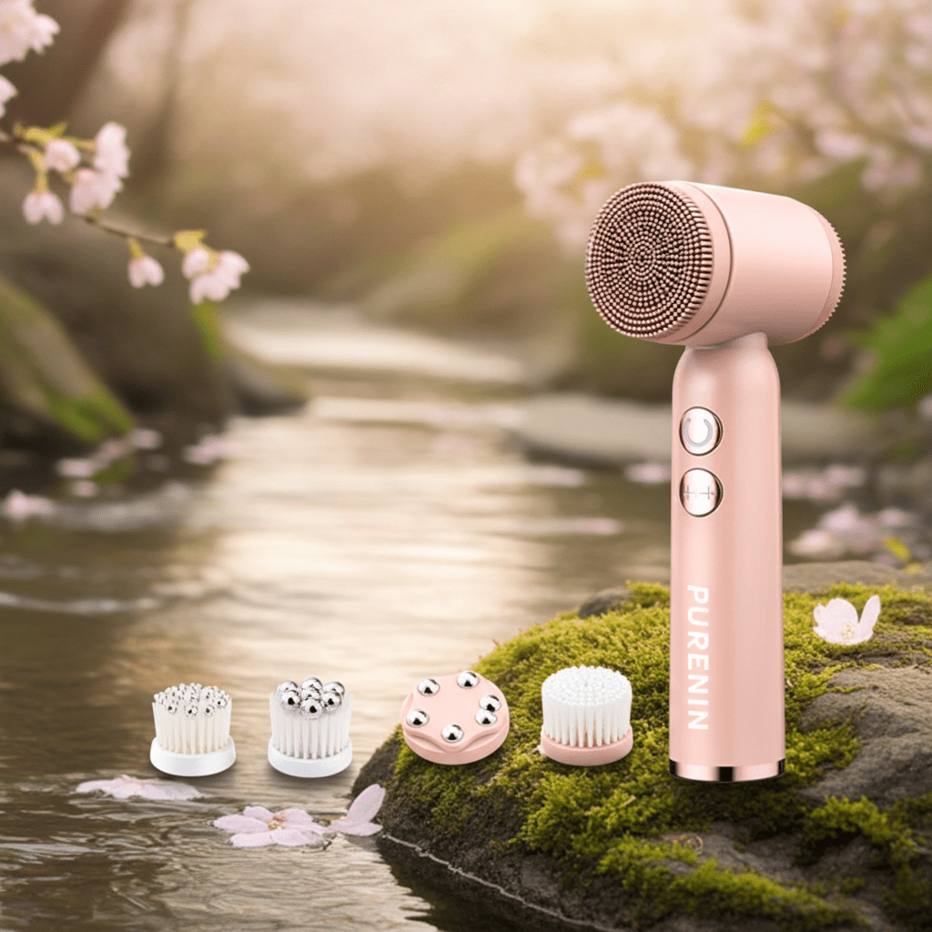 Elektrische Gesichtsbürste Purenin 6in1 Set mit Cleansing-Bürsten für eine gründliche Hautreinigung und sanfte Pflege.