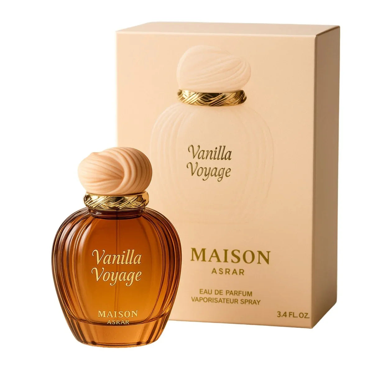 Luxus Aroma Maison Asrar Vanilla Voyage Eau de Parfum 100ml Flasche mit Vanille-Duft und eleganter Verpackung.