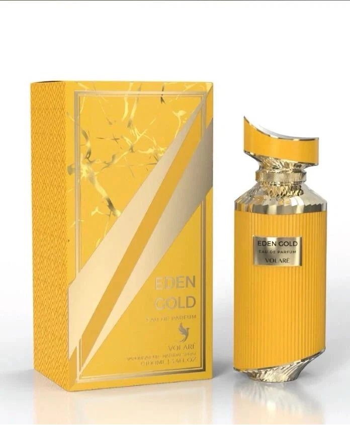 Luxus Aroma Volare Eden Gold Eau de Parfum 100ml Flasche mit goldener Verpackung und eleganter Gestaltung.