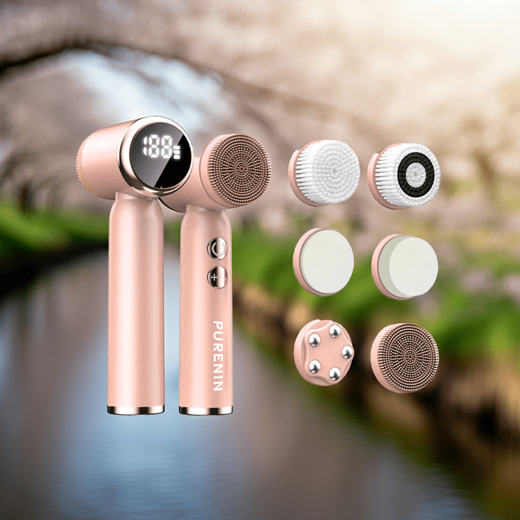 Elektrische Gesichtsbürste von Purenin, 6-in-1 Set, mit verschiedenen Aufsätzen für Reinigung und Hautpflege, sichtbar in der Abbildung.