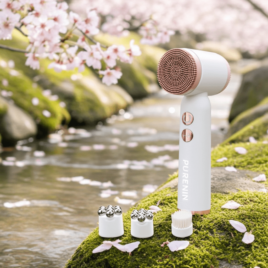 Elektrische Gesichtsbürste von Purenin, 6-in-1 Set, mit verschiedenen Aufsätzen für Reinigung und Hautpflege, auf weißem Hintergrund